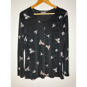 Women's Medium ES-SE Plus Black Long Sleeve Butterfly Print Slinky Blouse